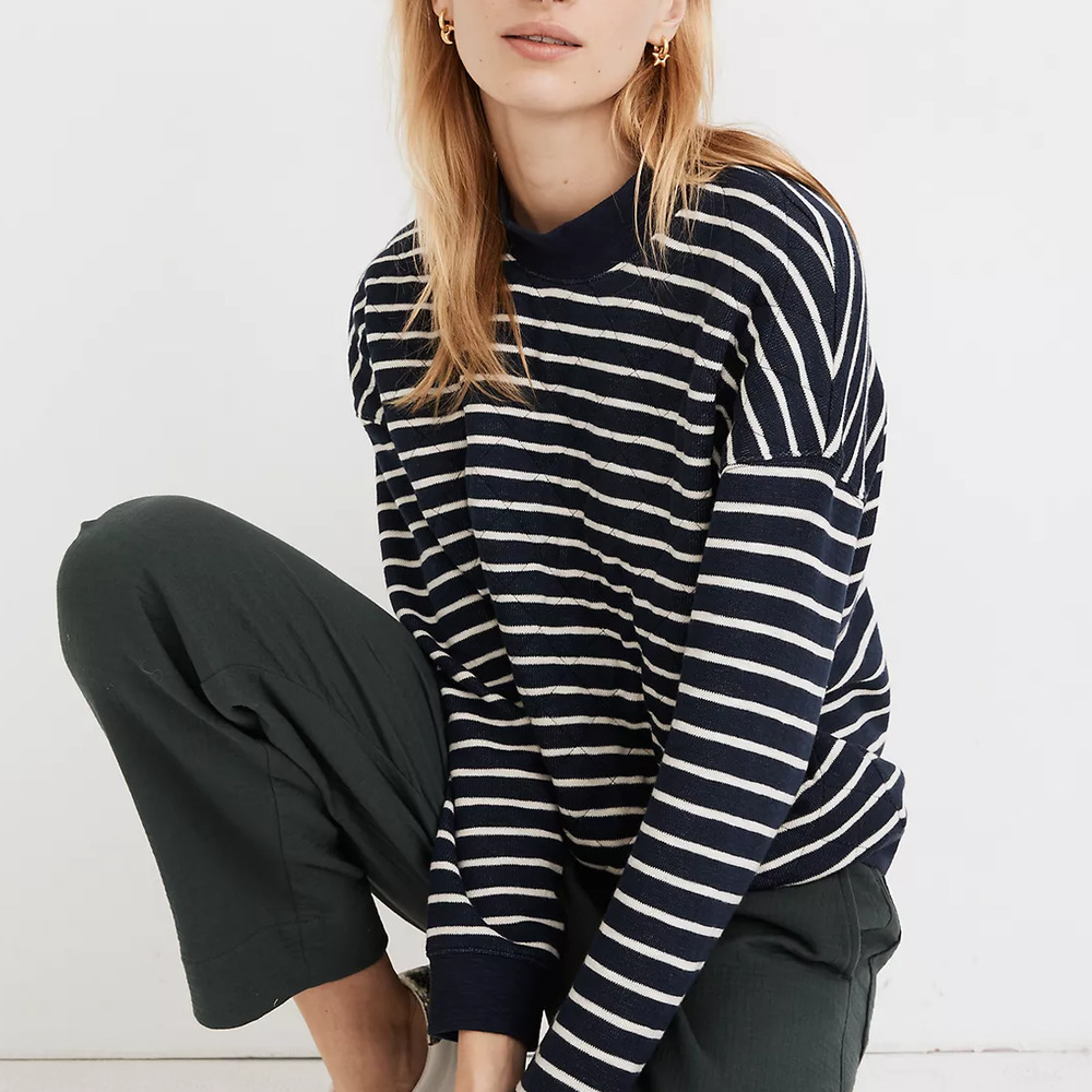Madewell Sweater Small Navy Blue Striped Quilted Studio Mockneck Sweatshirt